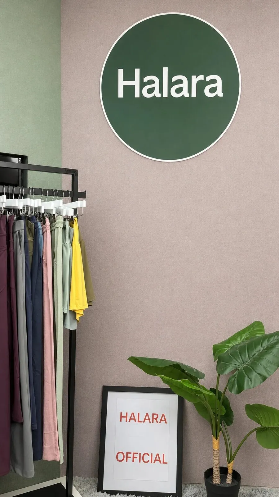 Halara branded corner with a colour-blocked trouser rail